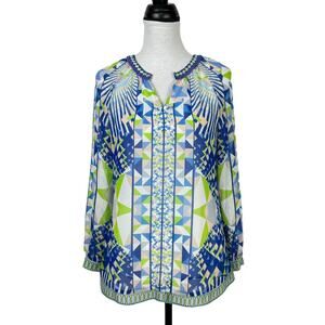 Hale Bob | Blue & Green Print Beaded Embellished V-neck Long Sleeve Blouse